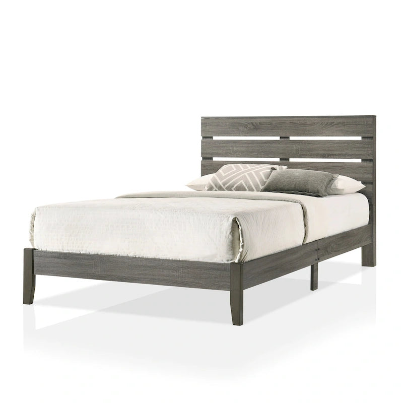 Rustic Slatted Headboard Platform Bed with Tapered Legs and Wood Slats – Distressed Grey, Queen / California King, 2-Person Use