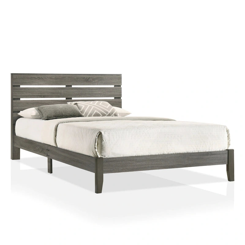 Rustic Slatted Headboard Platform Bed with Tapered Legs and Wood Slats – Distressed Grey, Queen / California King, 2-Person Use