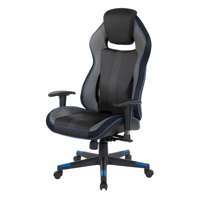 Gaming Chair with Lumbar Support and Headrest in Bonded Leather – Red / Blue / Grey, 1-Person Use