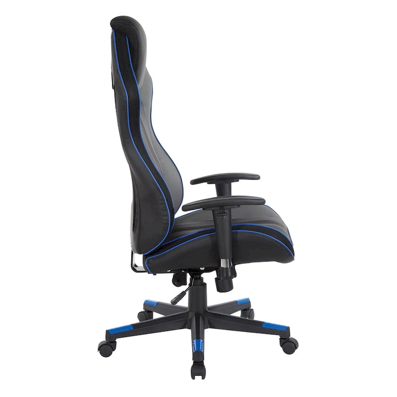 Gaming Chair with Lumbar Support and Headrest in Bonded Leather – Red / Blue / Grey, 1-Person Use