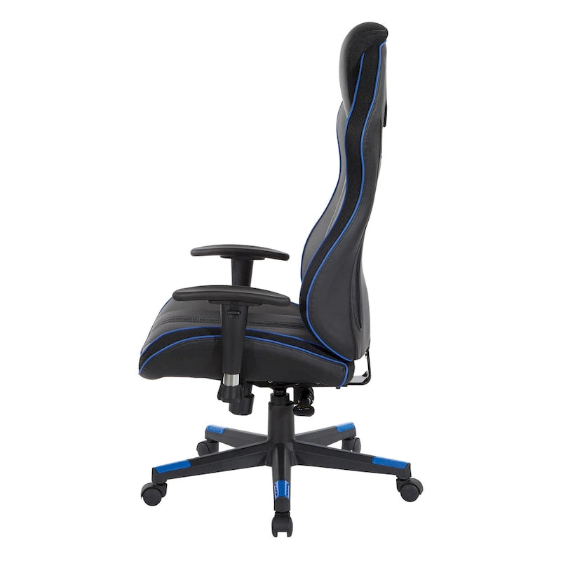 Gaming Chair with Lumbar Support and Headrest in Bonded Leather – Red / Blue / Grey, 1-Person Use