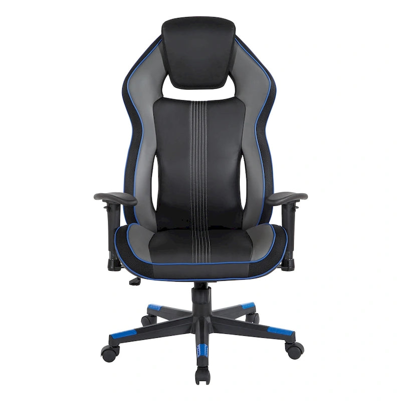 Gaming Chair with Lumbar Support and Headrest in Bonded Leather – Red / Blue / Grey, 1-Person Use