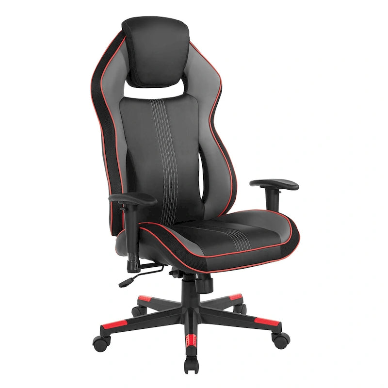Gaming Chair with Lumbar Support and Headrest in Bonded Leather – Red / Blue / Grey, 1-Person Use
