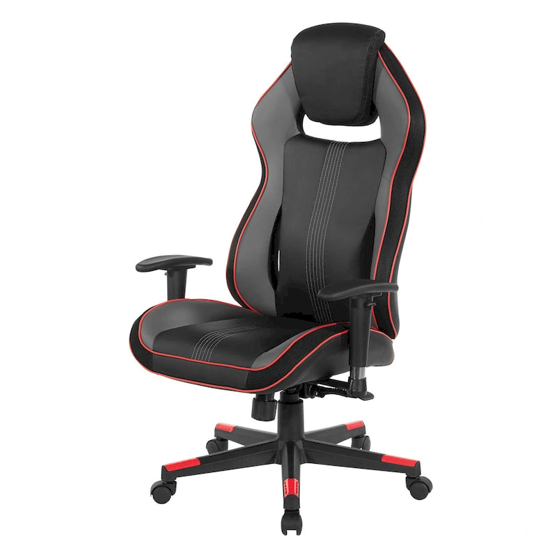 Gaming Chair with Lumbar Support and Headrest in Bonded Leather – Red / Blue / Grey, 1-Person Use