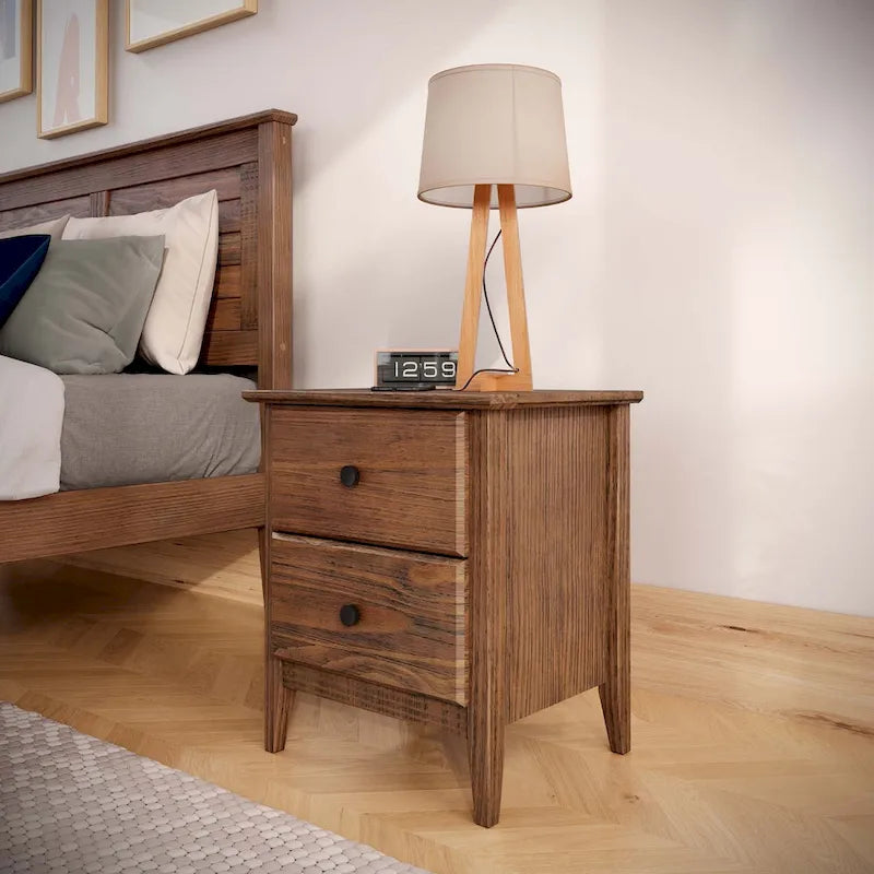 Solid Pine Wood 2-Drawer Nightstand with Metal Glides and Knobs – Brushed Grey / Brushed White / Brushed Driftwood / Brushed Walnut, 1-Unit
