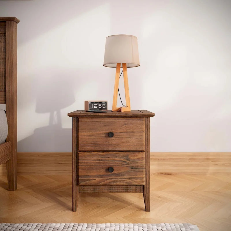Solid Pine Wood 2-Drawer Nightstand with Metal Glides and Knobs – Brushed Grey / Brushed White / Brushed Driftwood / Brushed Walnut, 1-Unit