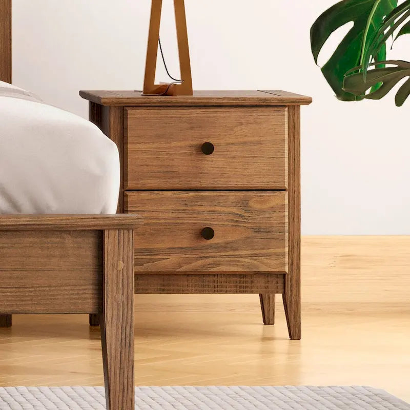 Solid Pine Wood 2-Drawer Nightstand with Metal Glides and Knobs – Brushed Grey / Brushed White / Brushed Driftwood / Brushed Walnut, 1-Unit