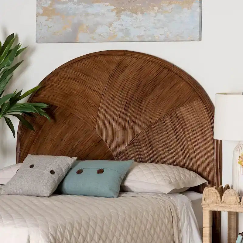 Bohemian Natural Rattan Standalone Headboard with Geometric Round Design – Honey / Brown, Queen / King