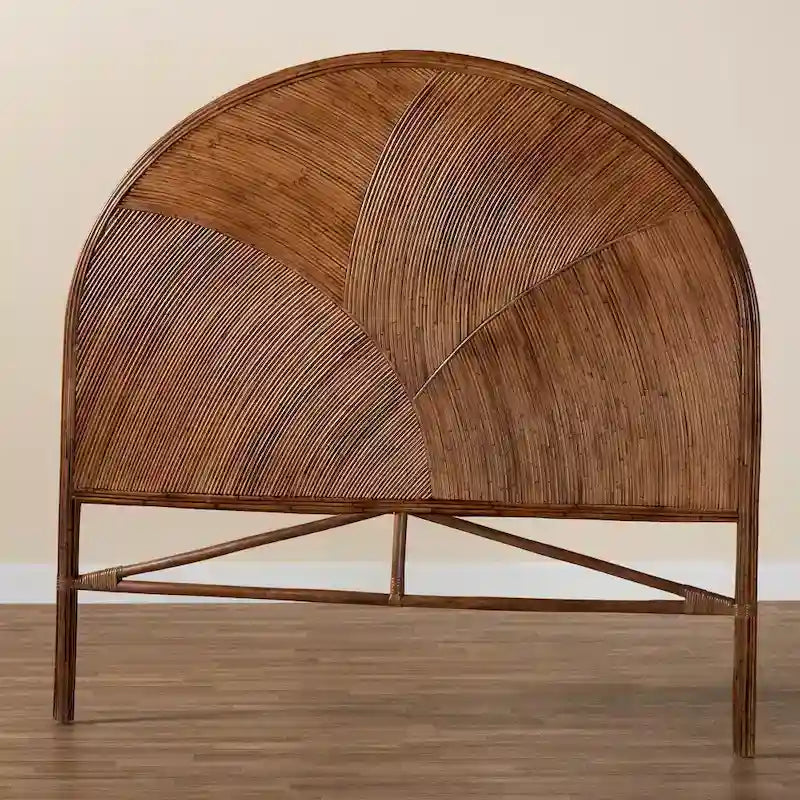 Bohemian Natural Rattan Standalone Headboard with Geometric Round Design – Honey / Brown, Queen / King