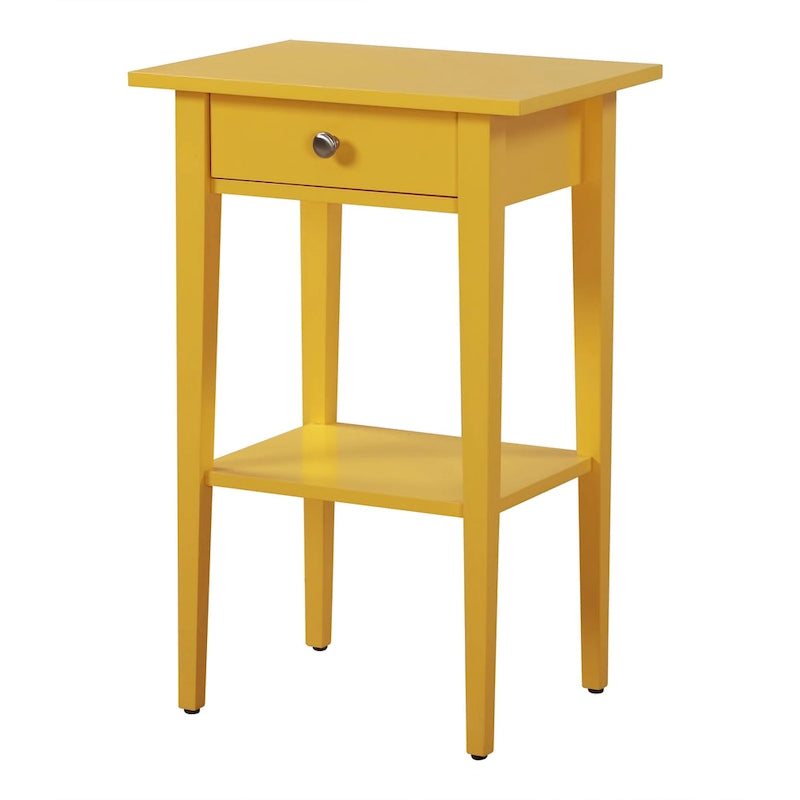 1-Drawer Wooden Nightstand with Open Shelf and Metal Glides – Black / Silver Champagne / Blue / Yellow / Oak / White / Cherry / Cappuccino / Pink / Smoked Gray / Beige, 1-Unit
