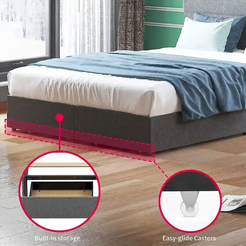 Upholstered Platform Bed Frame with Storage Drawers and Adjustable Headboard – Dark Grey / Beige / Light Grey, Full / Queen / King, 2-Person Use