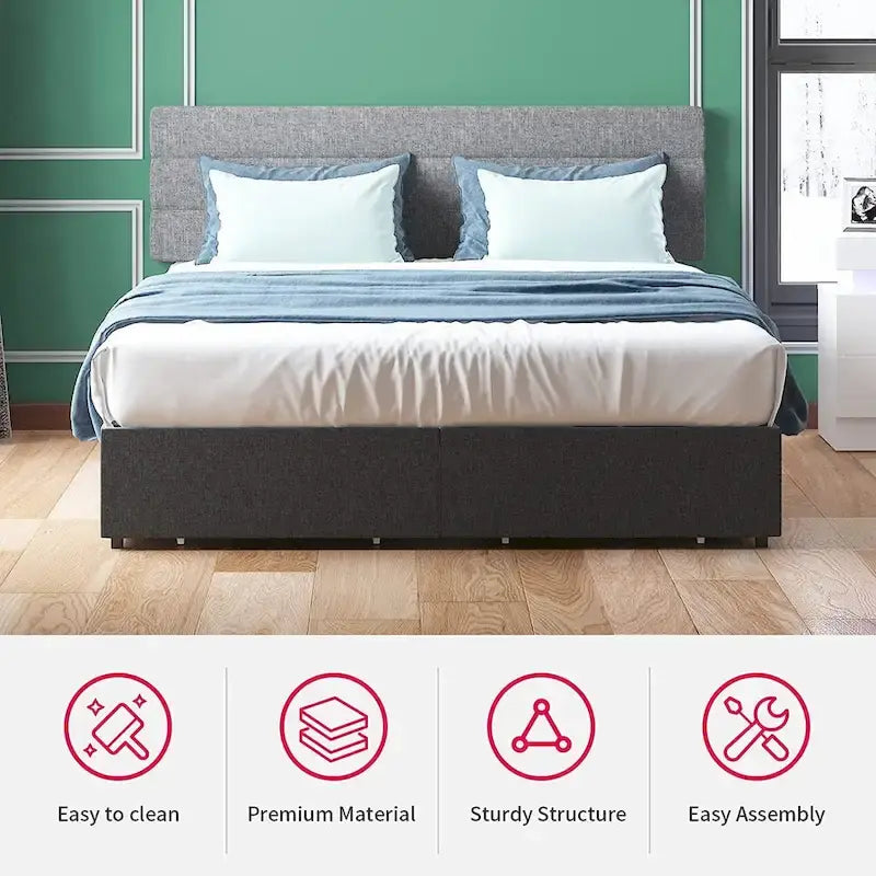 Upholstered Platform Bed Frame with Storage Drawers and Adjustable Headboard – Dark Grey / Beige / Light Grey, Full / Queen / King, 2-Person Use