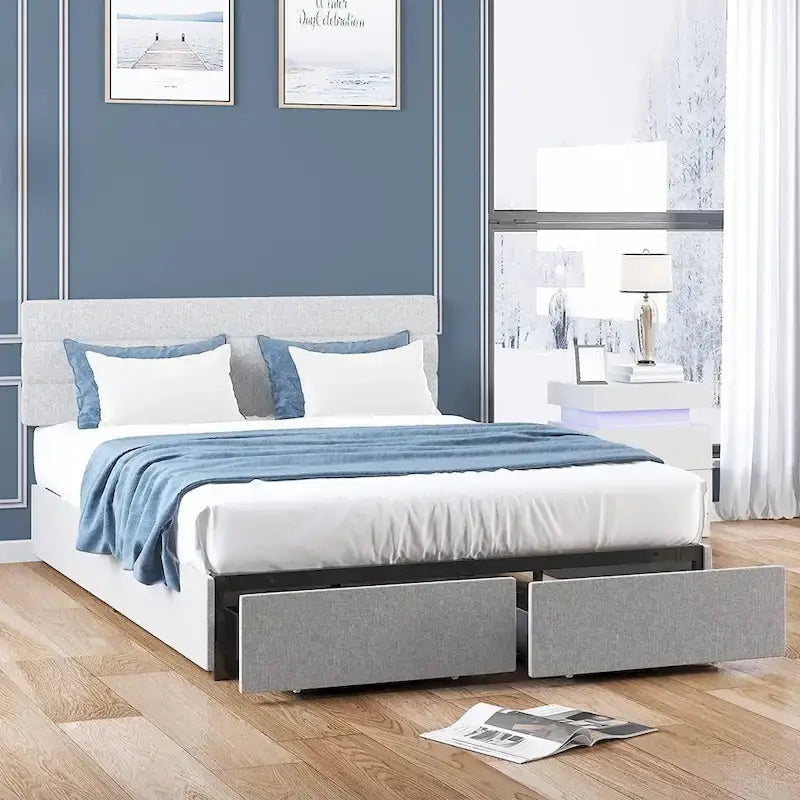 Upholstered Platform Bed Frame with Storage Drawers and Adjustable Headboard – Dark Grey / Beige / Light Grey, Full / Queen / King, 2-Person Use