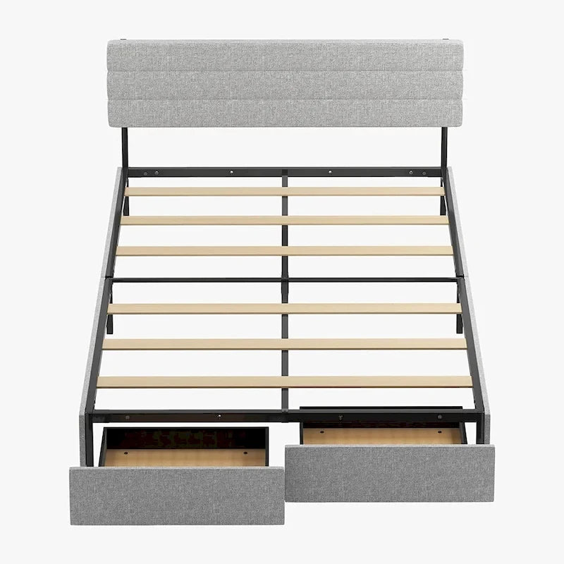 Upholstered Platform Bed Frame with Storage Drawers and Adjustable Headboard – Dark Grey / Beige / Light Grey, Full / Queen / King, 2-Person Use