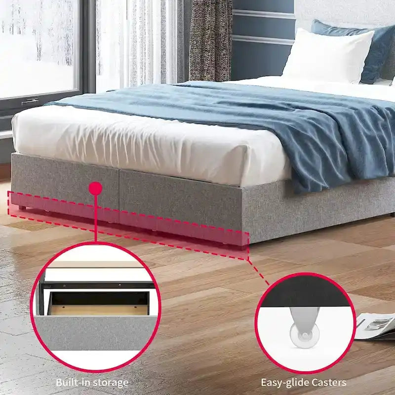 Upholstered Platform Bed Frame with Storage Drawers and Adjustable Headboard – Dark Grey / Beige / Light Grey, Full / Queen / King, 2-Person Use