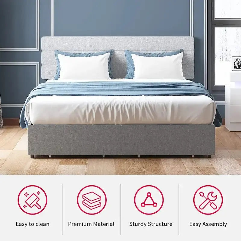 Upholstered Platform Bed Frame with Storage Drawers and Adjustable Headboard – Dark Grey / Beige / Light Grey, Full / Queen / King, 2-Person Use