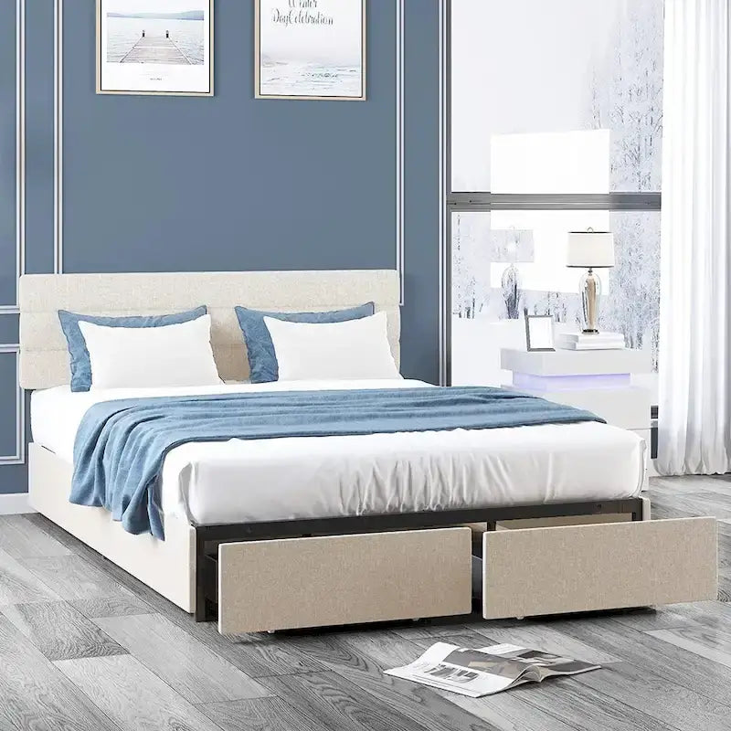 Upholstered Platform Bed Frame with Storage Drawers and Adjustable Headboard – Dark Grey / Beige / Light Grey, Full / Queen / King, 2-Person Use