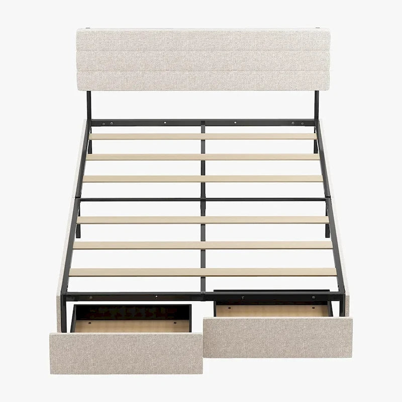 Upholstered Platform Bed Frame with Storage Drawers and Adjustable Headboard – Dark Grey / Beige / Light Grey, Full / Queen / King, 2-Person Use