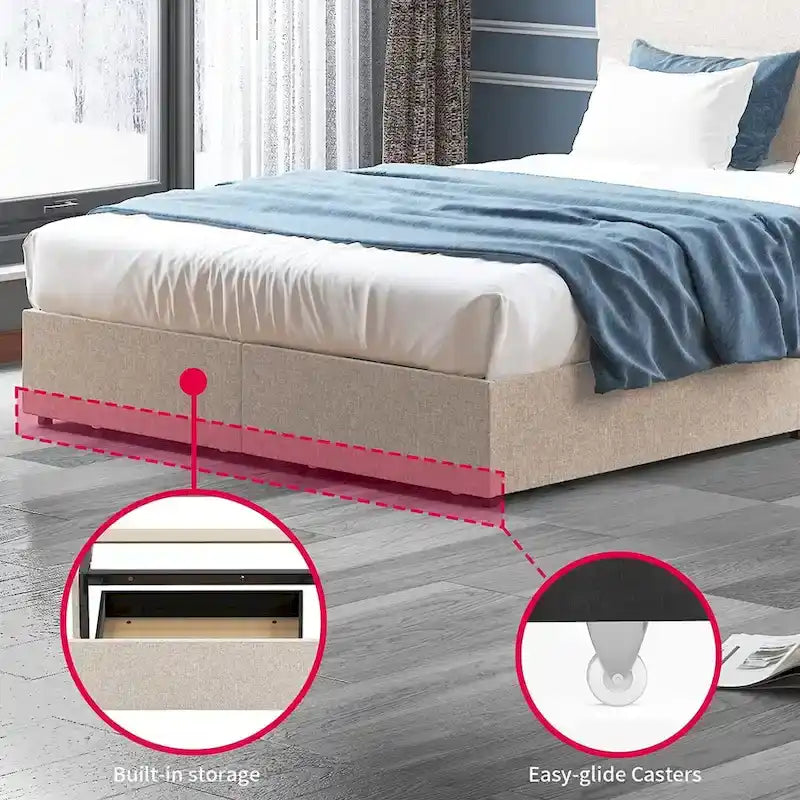 Upholstered Platform Bed Frame with Storage Drawers and Adjustable Headboard – Dark Grey / Beige / Light Grey, Full / Queen / King, 2-Person Use