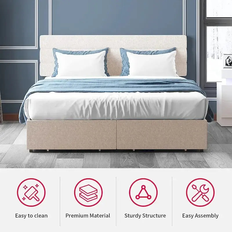 Upholstered Platform Bed Frame with Storage Drawers and Adjustable Headboard – Dark Grey / Beige / Light Grey, Full / Queen / King, 2-Person Use