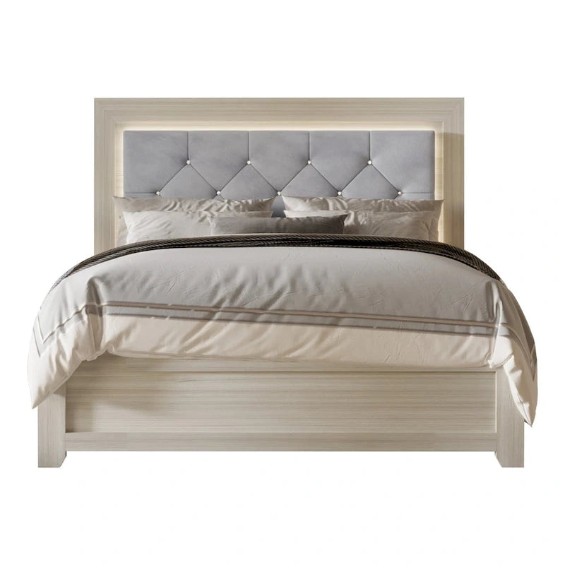 Velvet Upholstered Panel Bed with Diamond Tufting and Touch LED Headboard – Silver Gray / Light Gray, Full / Queen / King, 2-Person Use
