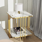 2-Tier Square Sintered Stone Side Table with Iron Frame – White & Gold, 1-Unit