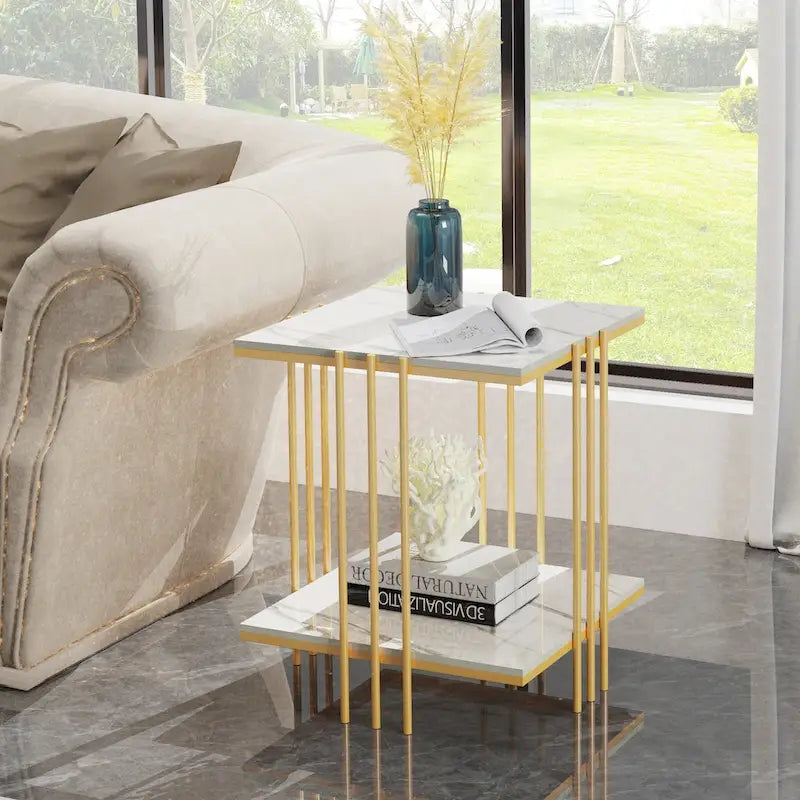 2-Tier Square Sintered Stone Side Table with Iron Frame – White & Gold, 1-Unit