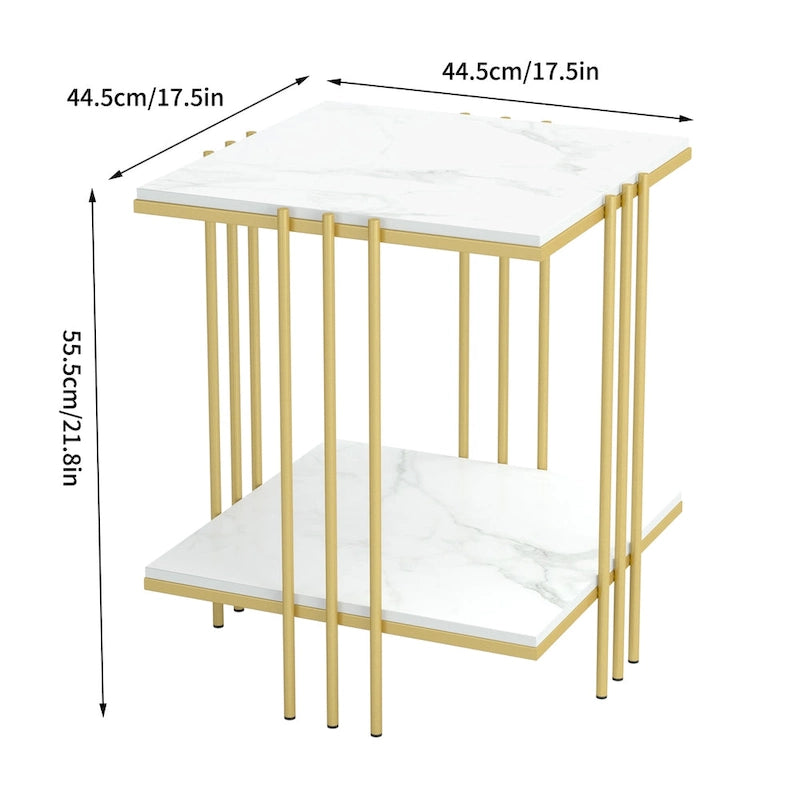2-Tier Square Sintered Stone Side Table with Iron Frame – White & Gold, 1-Unit