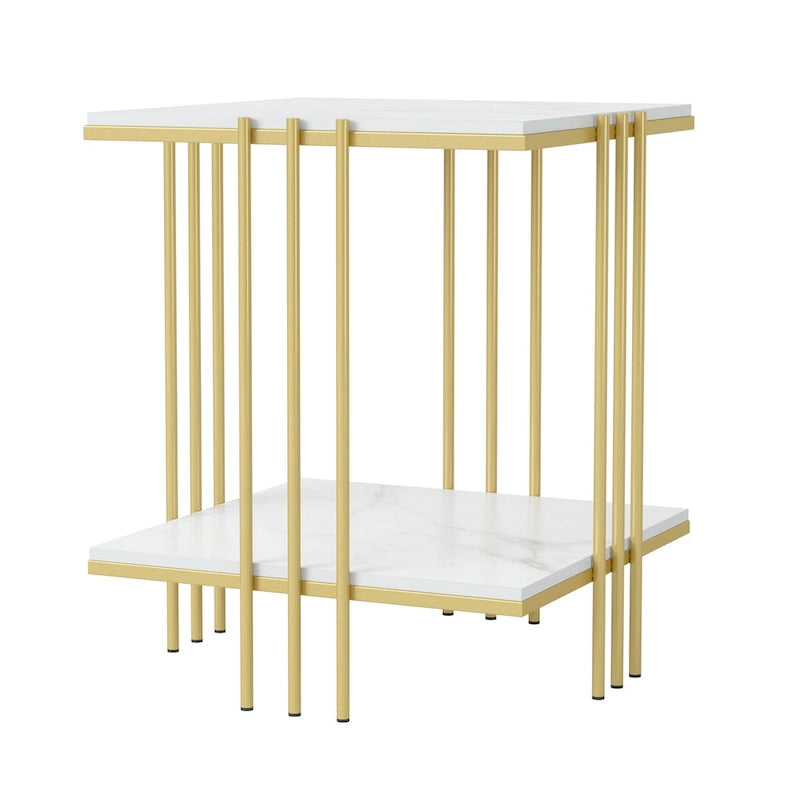 2-Tier Square Sintered Stone Side Table with Iron Frame – White & Gold, 1-Unit