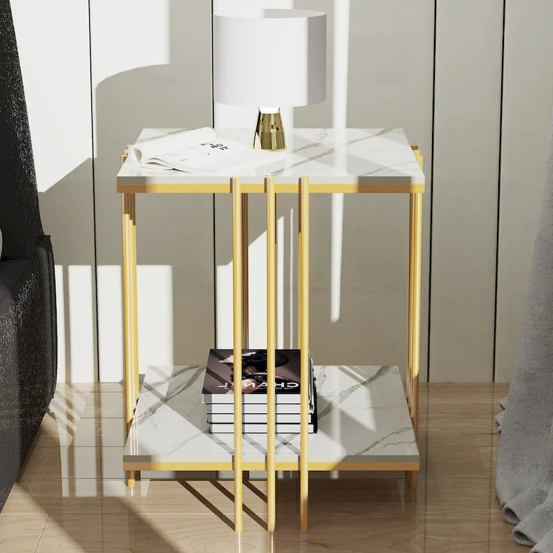 2-Tier Square Sintered Stone Side Table with Iron Frame – White & Gold, 1-Unit