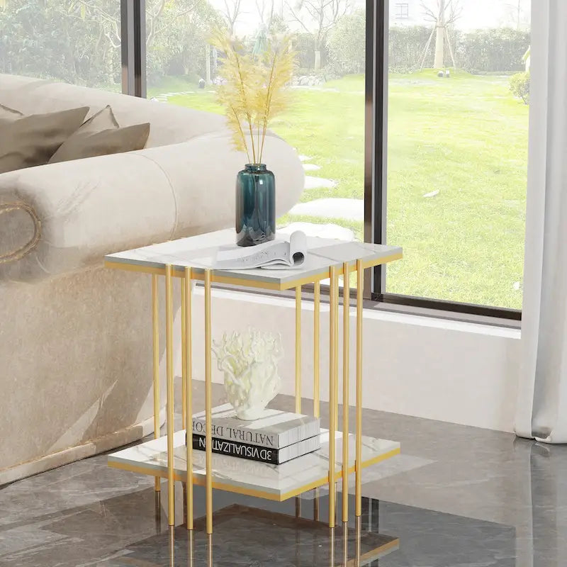 2-Tier Square Sintered Stone Side Table with Iron Frame – White & Gold, 1-Unit