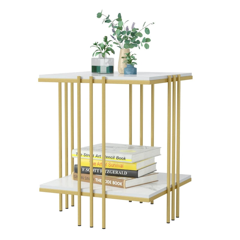 2-Tier Square Sintered Stone Side Table with Iron Frame – White & Gold, 1-Unit