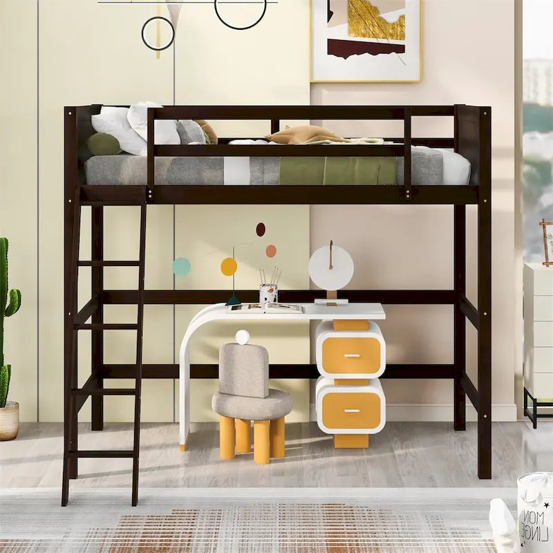 Twin Size Solid Wood Loft Bed with Ladder – White / Espresso / Grey, 1-Person Use