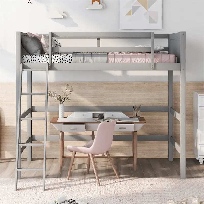 Twin Size Solid Wood Loft Bed with Ladder – White / Espresso / Grey, 1-Person Use