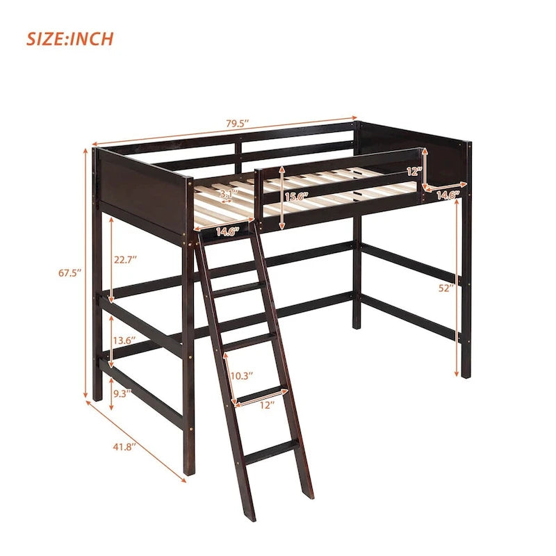 Twin Size Solid Wood Loft Bed with Ladder – White / Espresso / Grey, 1-Person Use