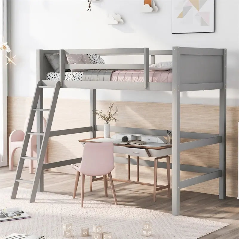 Twin Size Solid Wood Loft Bed with Ladder – White / Espresso / Grey, 1-Person Use