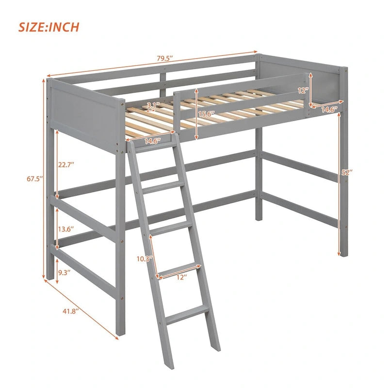 Twin Size Solid Wood Loft Bed with Ladder – White / Espresso / Grey, 1-Person Use