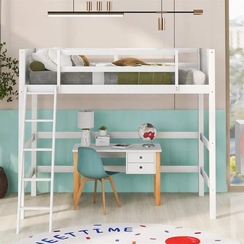 Twin Size Solid Wood Loft Bed with Ladder – White / Espresso / Grey, 1-Person Use