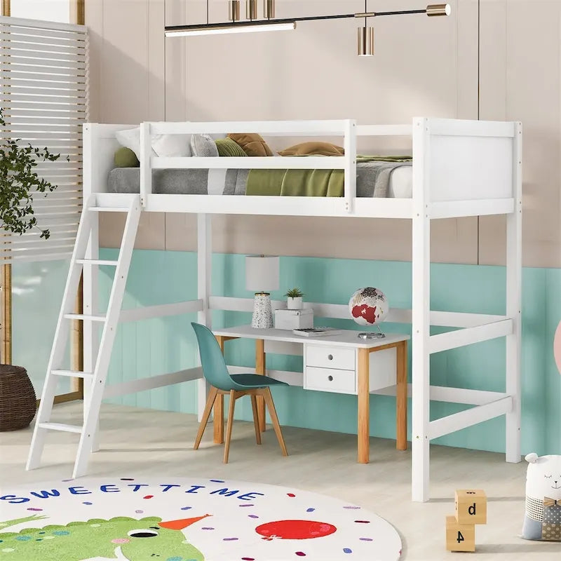 Twin Size Solid Wood Loft Bed with Ladder – White / Espresso / Grey, 1-Person Use