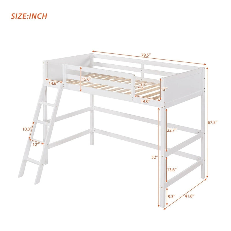 Twin Size Solid Wood Loft Bed with Ladder – White / Espresso / Grey, 1-Person Use