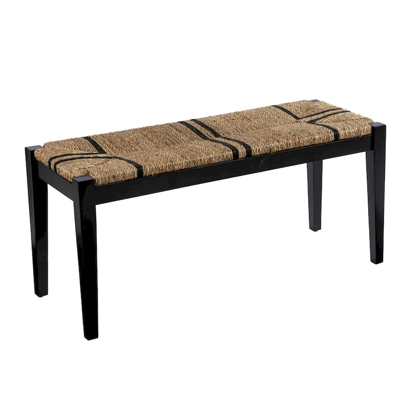 Woven Seagrass Seat Bench with Black Wood Frame – Black / Natural, 1-2 Person Use