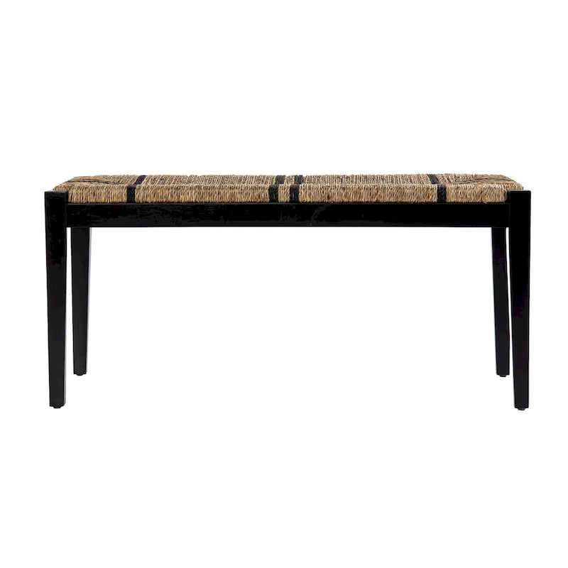 Woven Seagrass Seat Bench with Black Wood Frame – Black / Natural, 1-2 Person Use