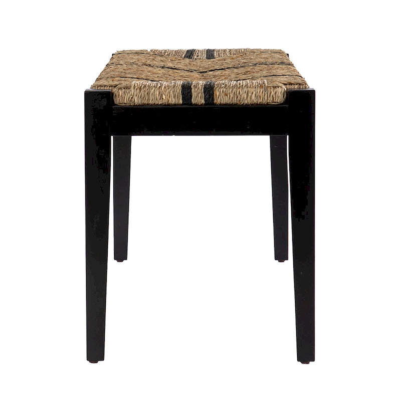 Woven Seagrass Seat Bench with Black Wood Frame – Black / Natural, 1-2 Person Use
