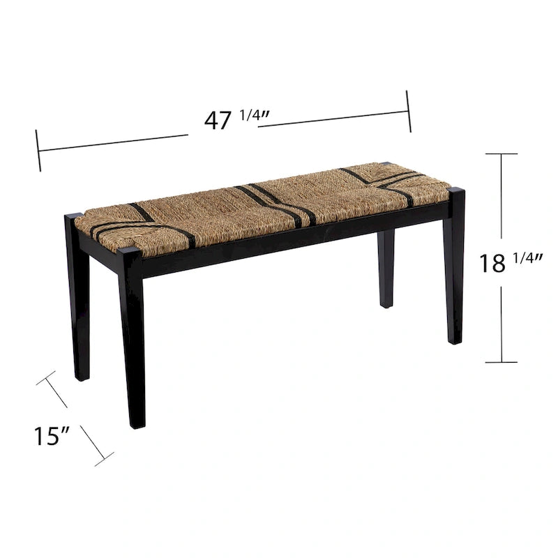 Woven Seagrass Seat Bench with Black Wood Frame – Black / Natural, 1-2 Person Use