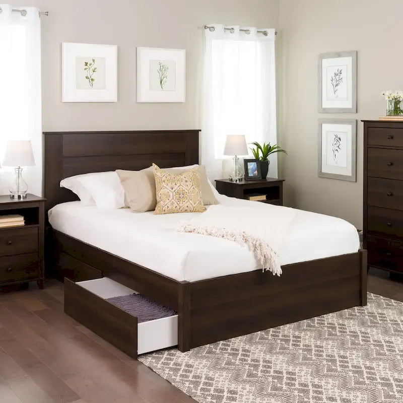 Queen 4-Post Platform Bed with Wood Slat System – Black / Driftwood Grey / Espresso / White, 1-Unit