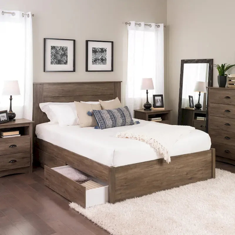 Queen 4-Post Platform Bed with Wood Slat System – Black / Driftwood Grey / Espresso / White, 1-Unit