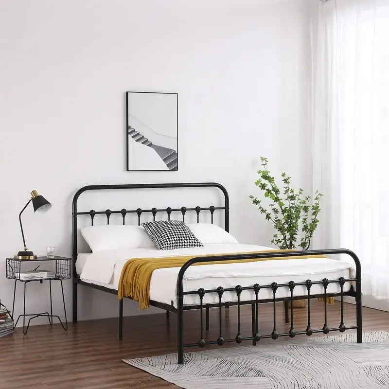 Iron Bed Frame with Shell Headboard Detail and Slat Support – Black, Twin / Full / Queen