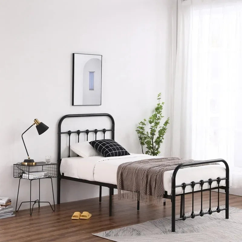 Iron Bed Frame with Shell Headboard Detail and Slat Support – Black, Twin / Full / Queen