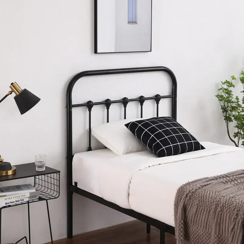 Iron Bed Frame with Shell Headboard Detail and Slat Support – Black, Twin / Full / Queen