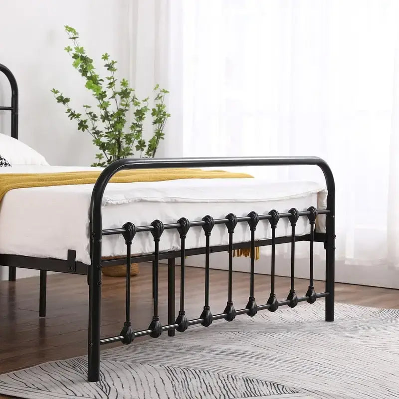 Iron Bed Frame with Shell Headboard Detail and Slat Support – Black, Twin / Full / Queen